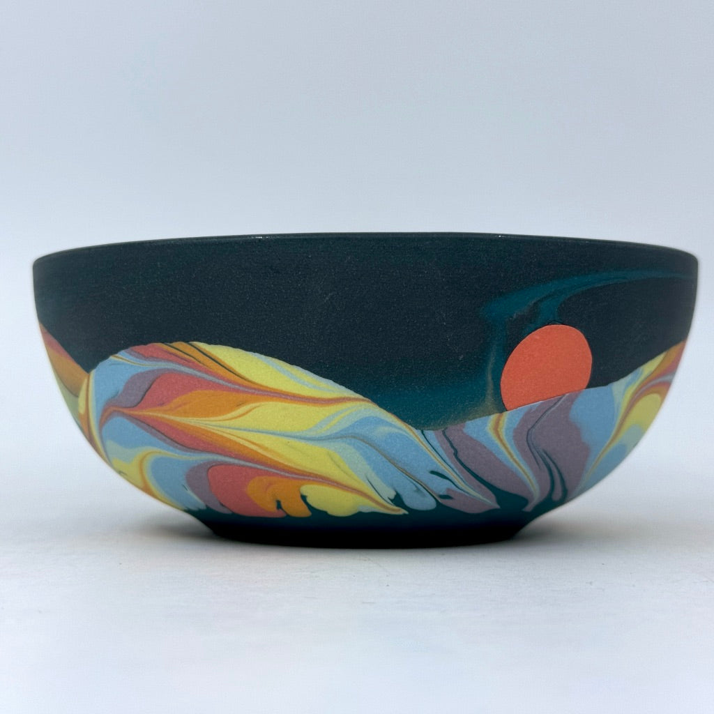 Black and white feathered mountain Soup Bowl Set—4 white, 4 black, with orange sun/moons *Preorder ship in 4-6 weeks*