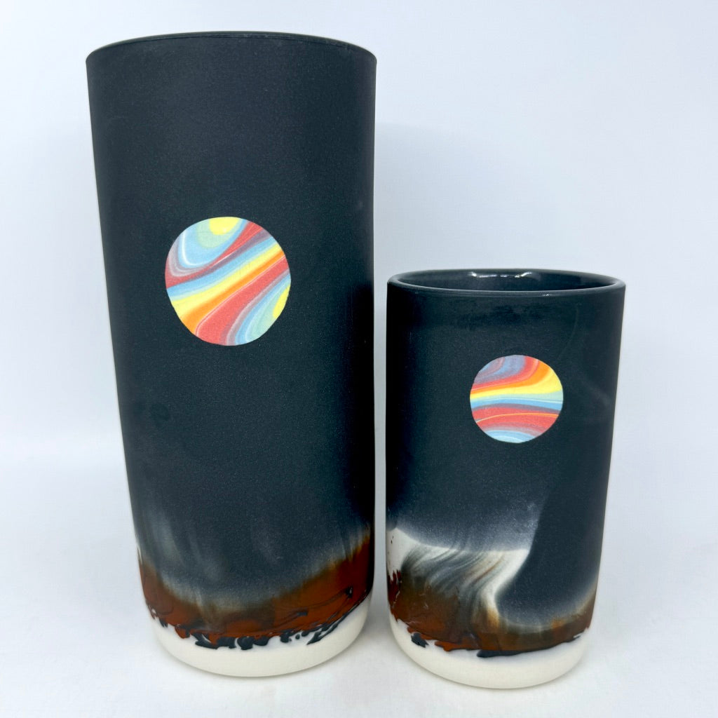 Red/Black Aurora Column Vase w/ Rainbow Planets- 2 Sizes (1 of each ready to ship then will turn preorder)